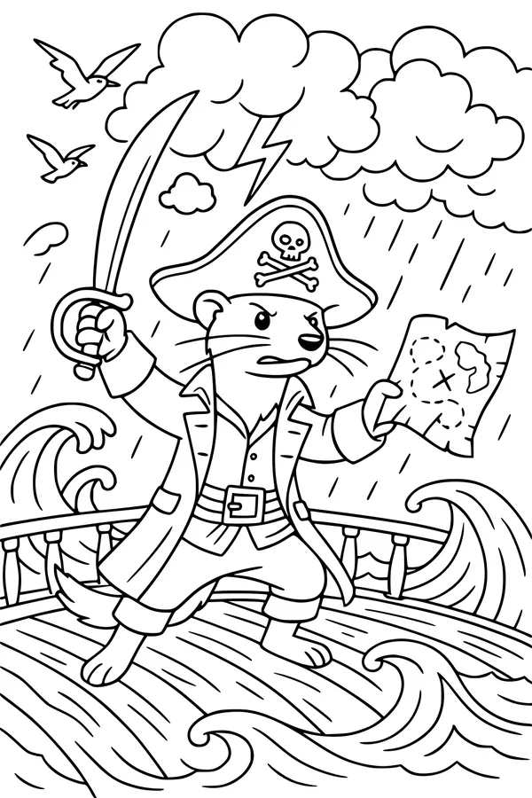 Free Weasel Coloring Page - Pirate Treasure Map in a Storm (Printable PDF)
