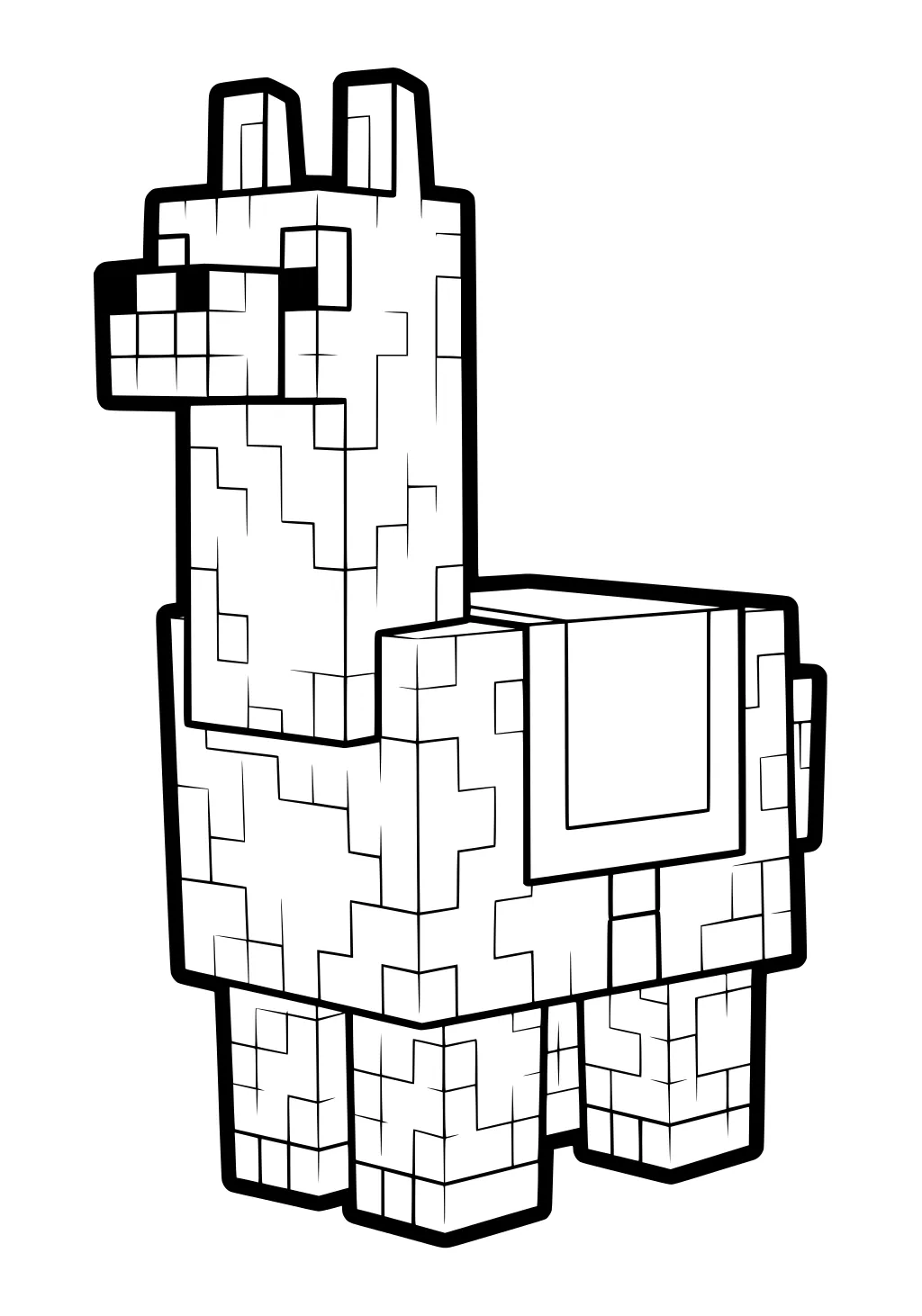 Pixelated llama with a blocky body, upright ears, square face, and a blanket on its back.