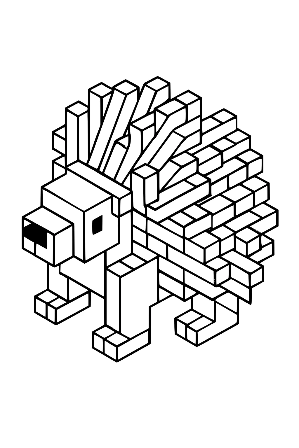 Porcupine drawing with blocky, geometric shapes making up its body and quills, standing on four cube-shaped legs.