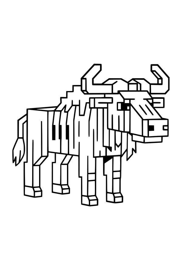 Free Wildebeest Coloring Page - Pixel Safari Gnu with Shaggy Mane (Printable PDF)