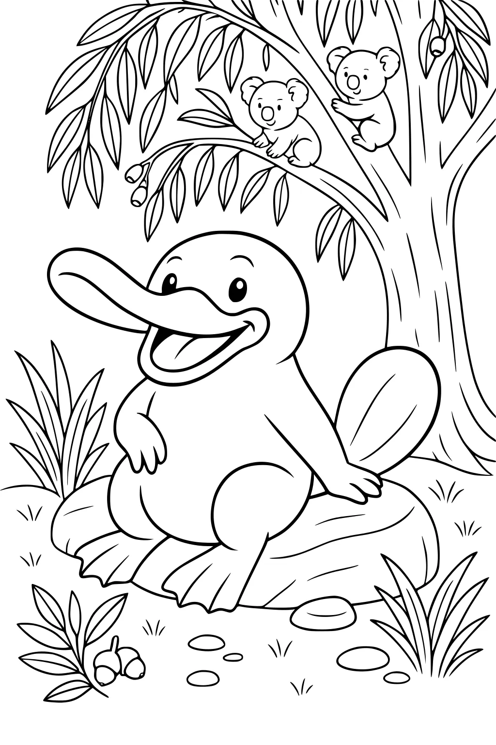 Platypus sitting on a rock by a tree, two koalas in branches, grass and leaves on the ground.