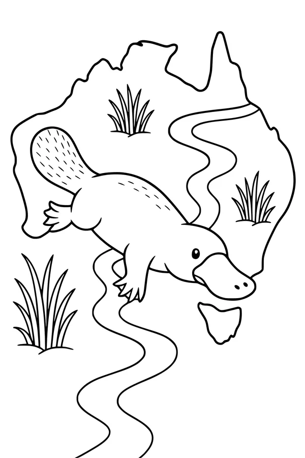 Free Platypus Coloring Page - Swimming in Australian River Map (Printable PDF)