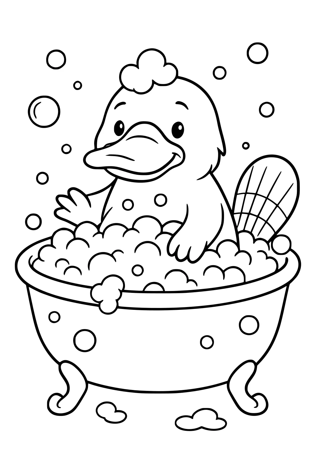 Smiling platypus in a bubble bath inside a claw-foot tub. Bubbles cover its head and fill the air.