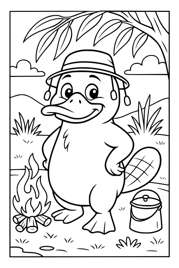 Free Platypus Coloring Page - Smiling Camper by the Campfire (Printable PDF)