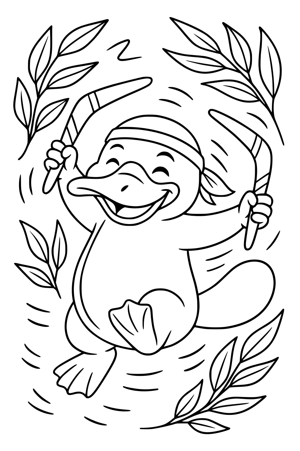 Happy platypus with a bandana jumps holding two boomerangs, surrounded by swirling lines and leafy branches.
