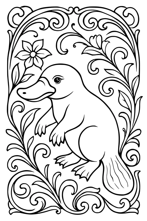 Free Platypus Coloring Page - Cute Platypus Among Swirly Flowers (Printable PDF)