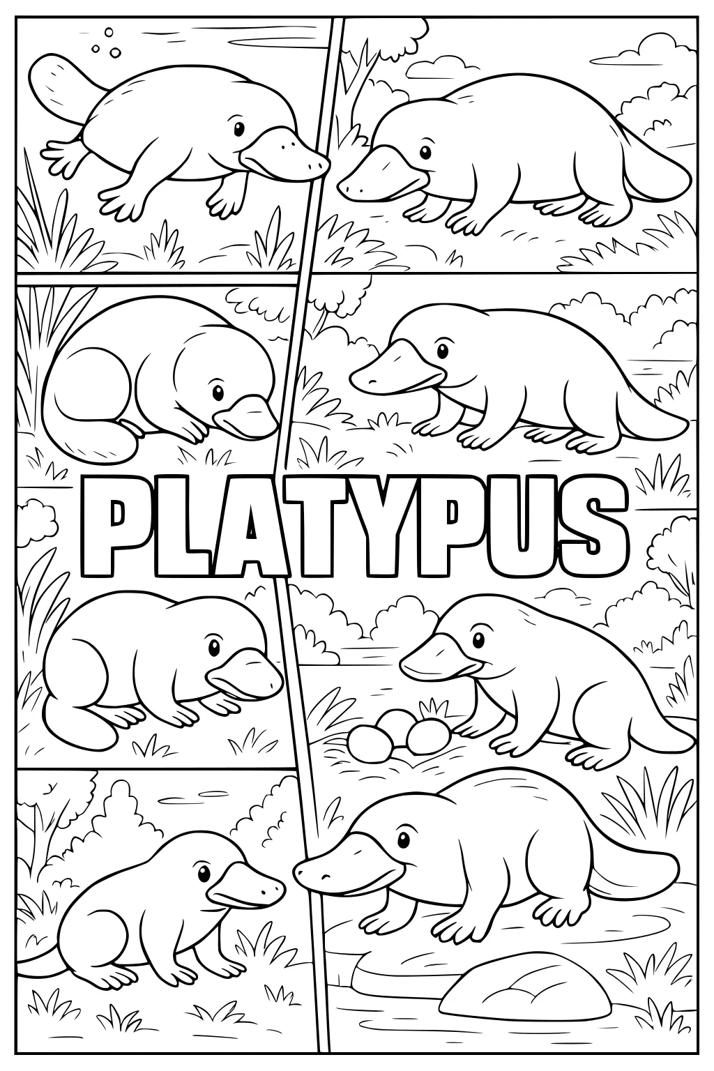 Cartoon platypuses in six panels with grass, water, and eggs, and bold word PLATYPUS in the middle.