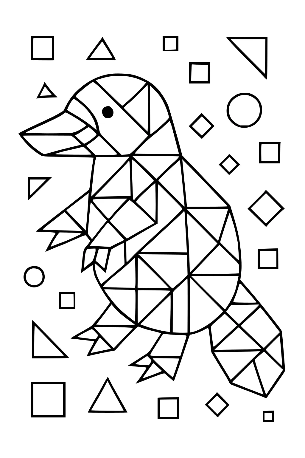 Geometric platypus with triangles, squares, and circles covering and surrounding its body.