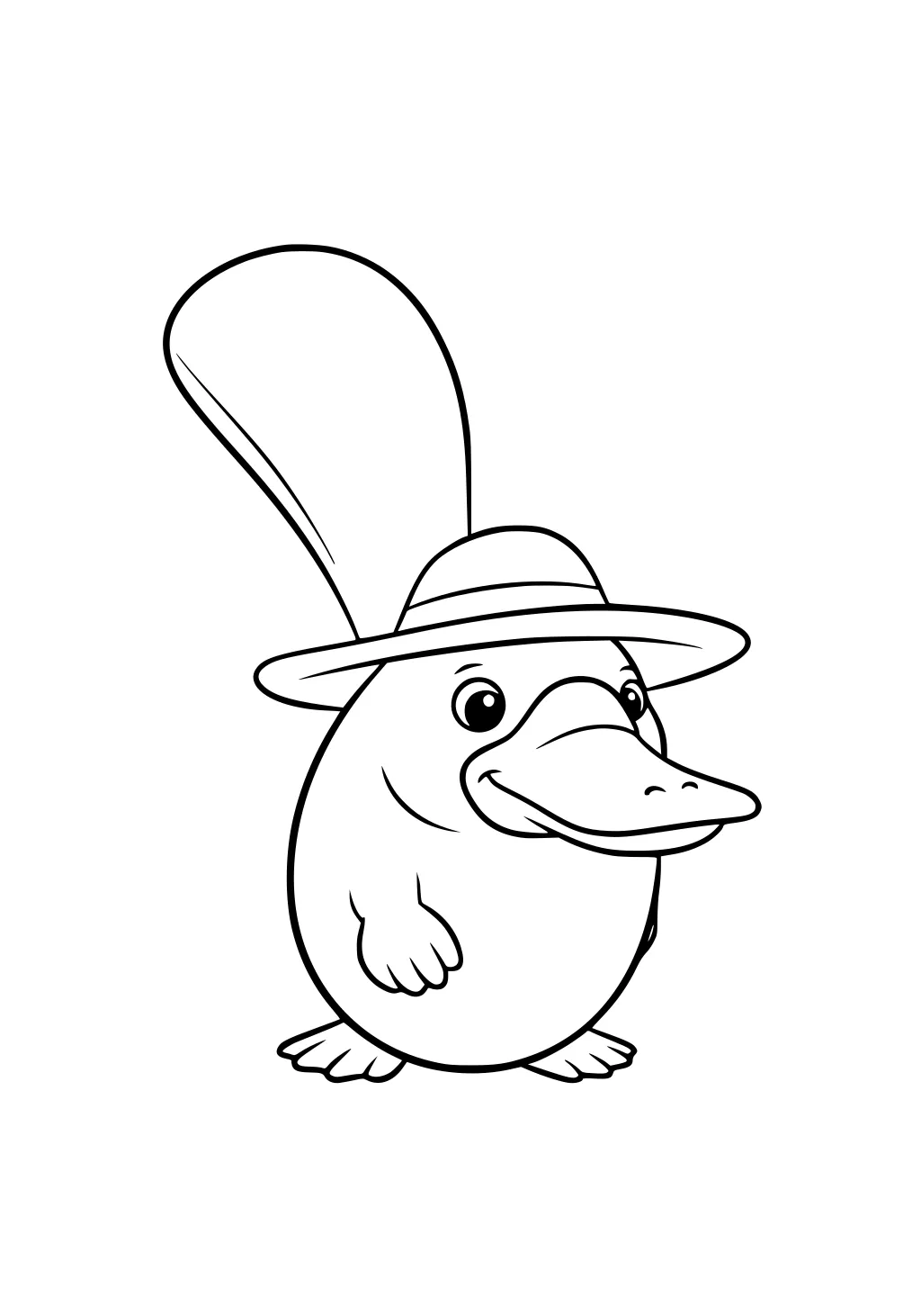 Cartoon platypus with big bill wearing a wide hat and showing a tall flat tail, standing and smiling.