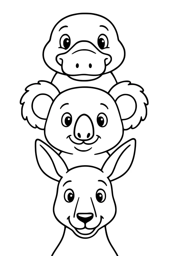 Free Platypus, Koala, And Kangaroo Coloring Page - Cute Stacked Aussie Friends (Printable PDF)