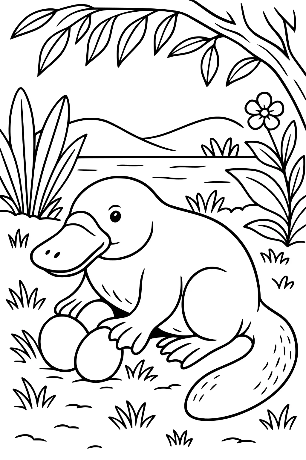 Platypus sitting on grass with two eggs under her, river, mountains, plants, and flower in the background.