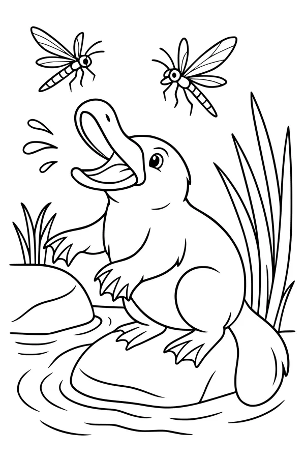 Free Platypus Coloring Page - Splashing By The Pond (Printable PDF)