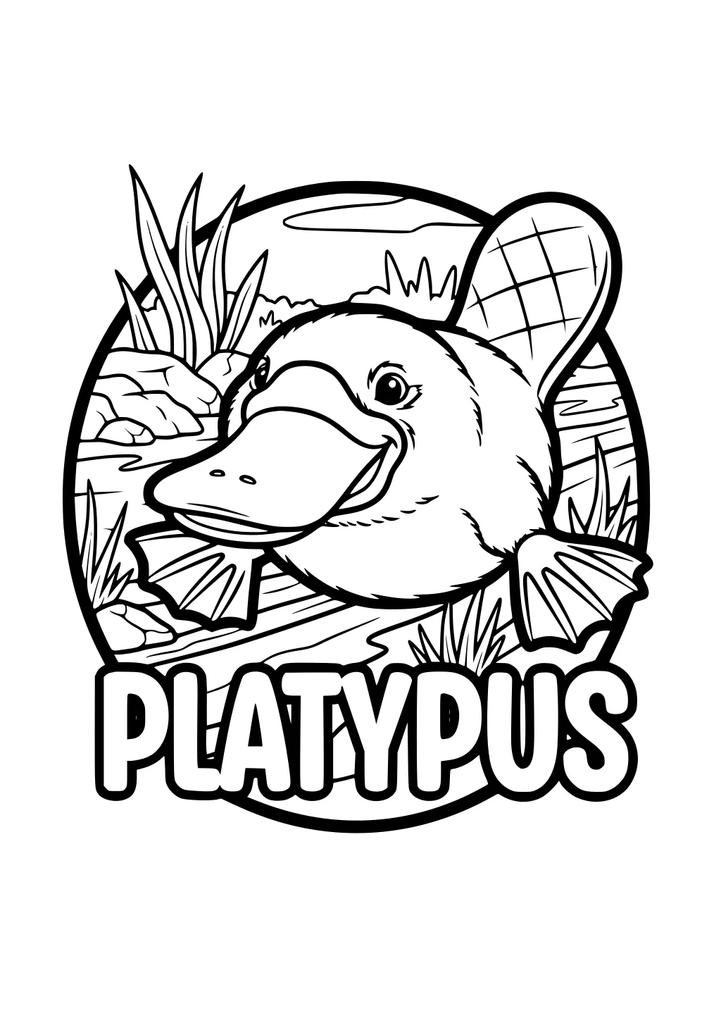 Cartoon platypus with a big bill and flippers by the river, grass and rocks in the background, PLATYPUS written below.
