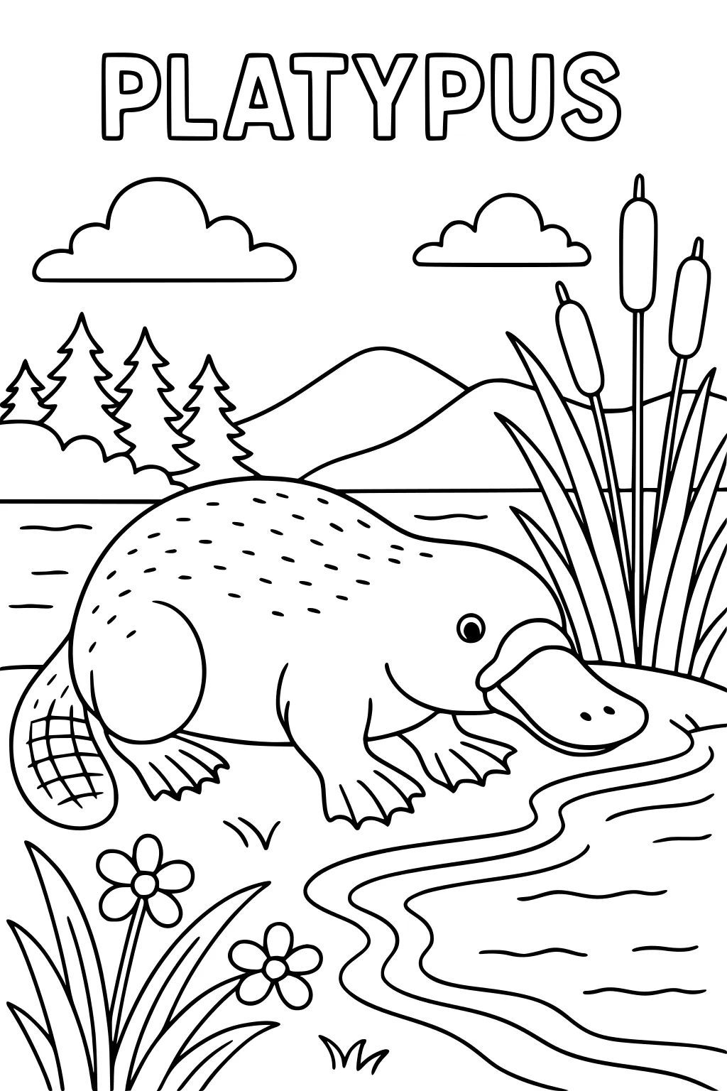 Platypus with bill and webbed feet by a stream, with flowers, cattails, trees, hills, and clouds in the background.