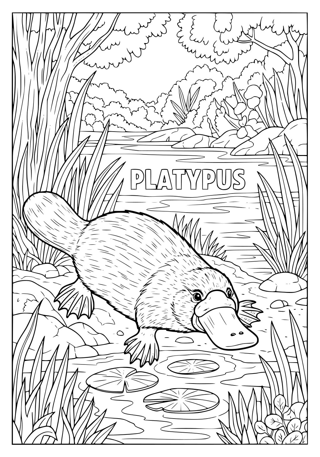 Platypus with wide bill and flat tail near river grass, lily pads, and trees on a detailed riverbank.