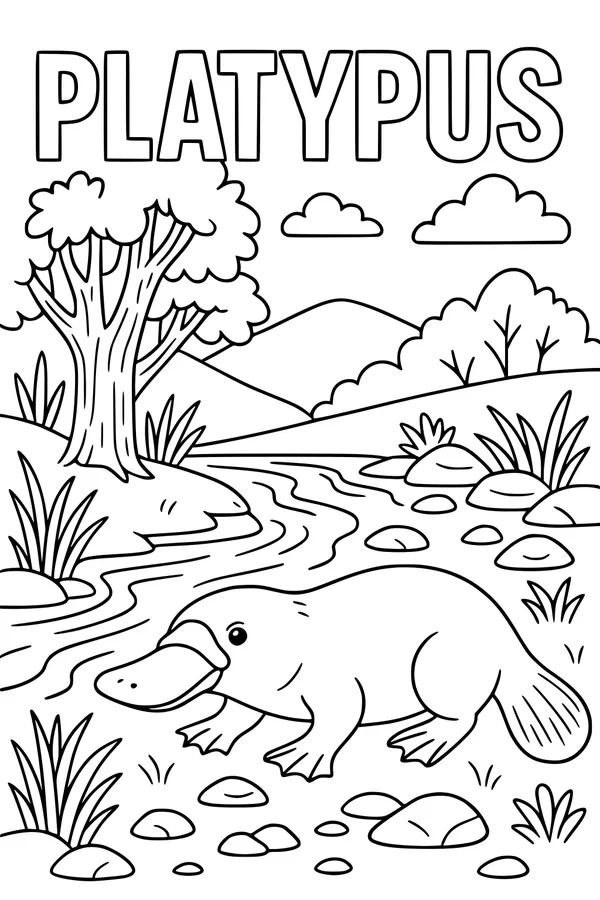 Free Platypus Coloring Page - Muddy Creek Riverbank Scene (Printable PDF)