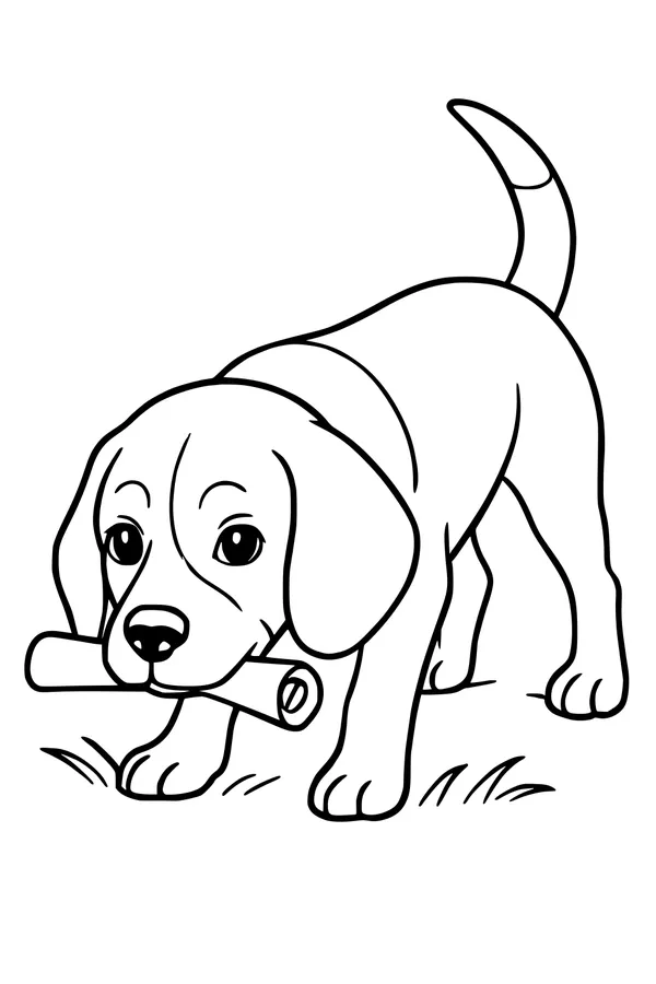 Free Puppy Coloring Page - Cute Dog With Scroll on Grass (Printable PDF)