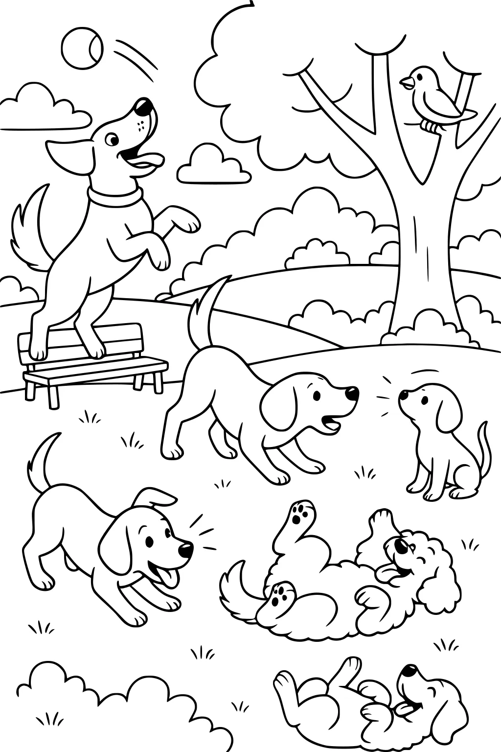 Six dogs playing in a grassy park with a ball, benches, and a bird in a tree.