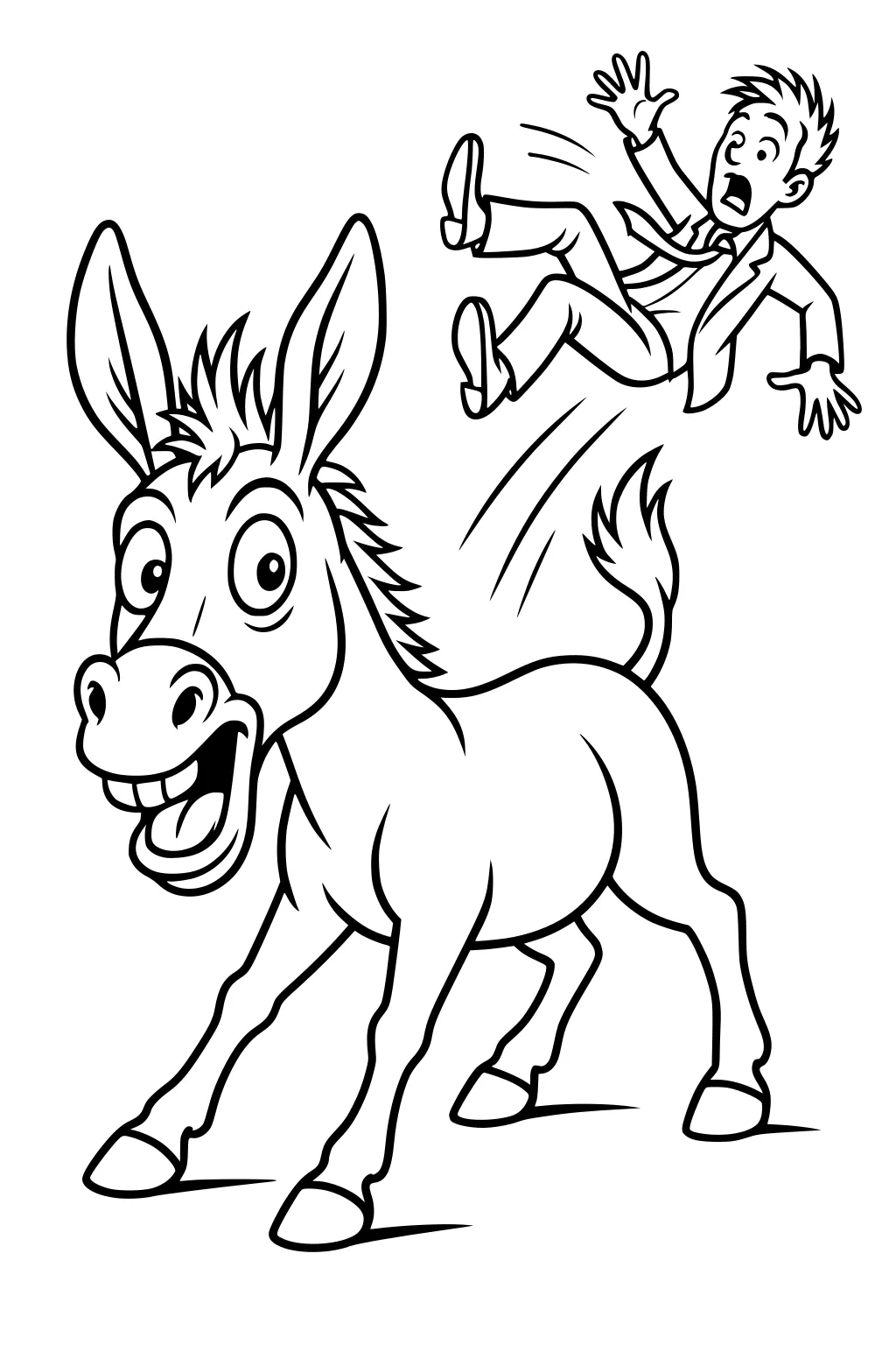 Cartoon donkey kicks a man in a suit into the air. Donkey looks happy, man looks surprised, both have big expressions.