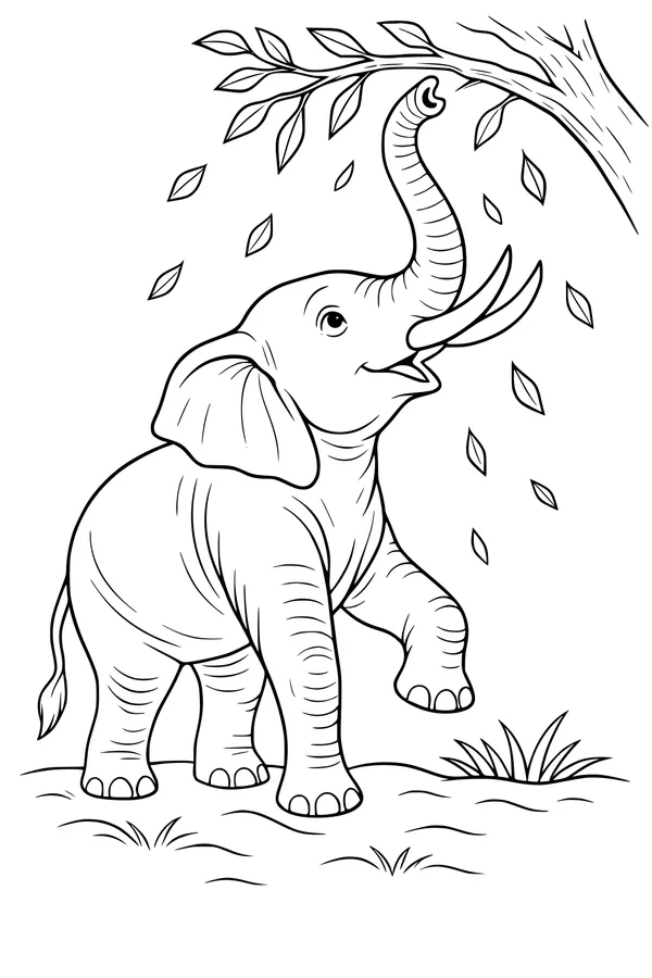 Free Elephant Coloring Page - Young Elephant Reaching for Falling Leaves (Printable PDF)