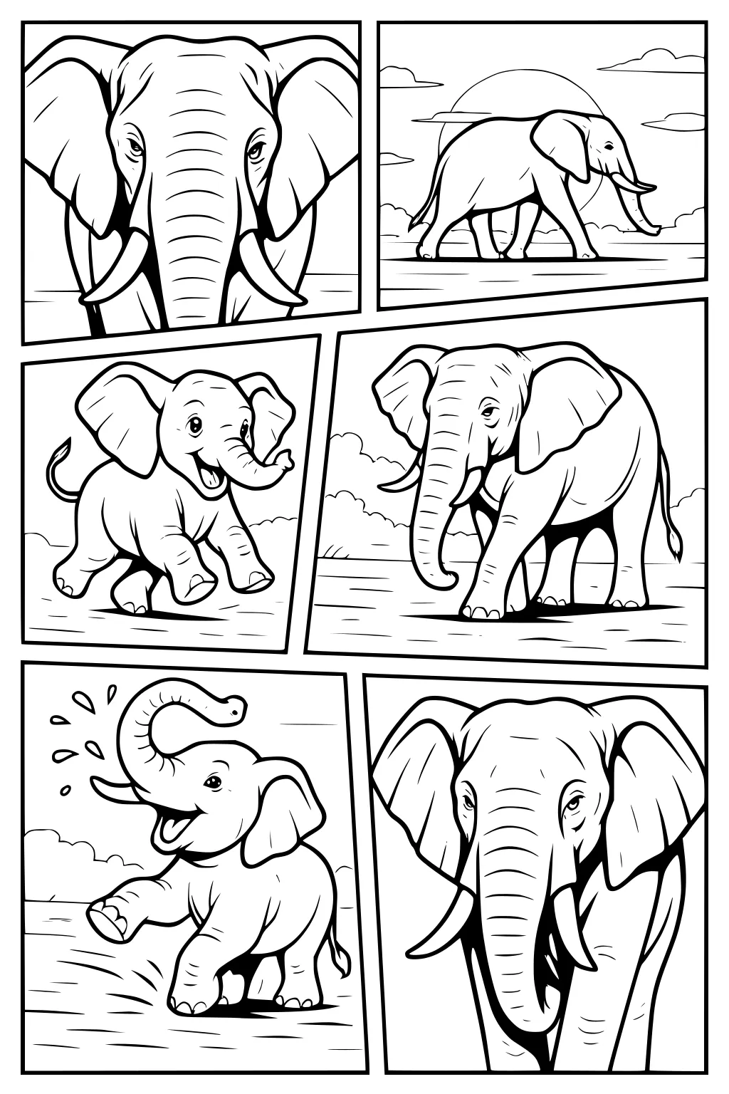 Six-panel page with elephants: baby elephants playing, adult elephants walking, close-up faces, grassy savanna, sunny sky.