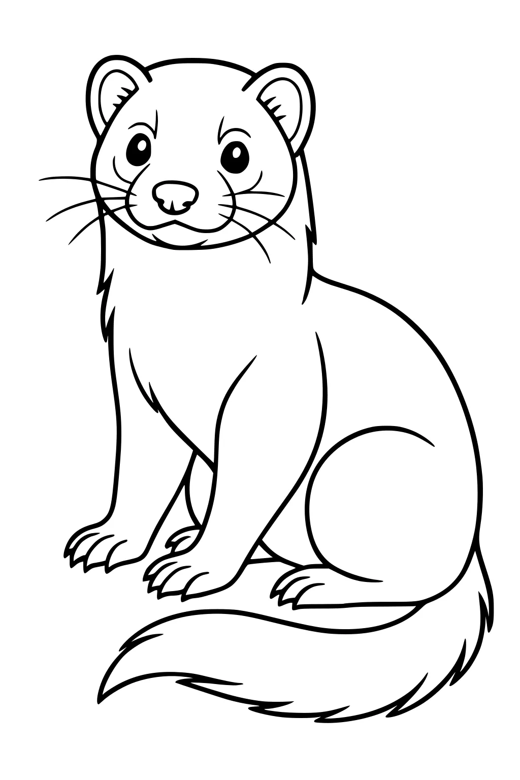 Cartoon ferret sitting upright with paws forward, fluffy tail curled along the ground, and big bright eyes.