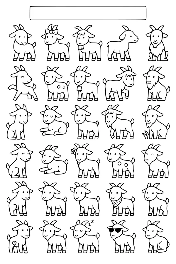 Free Goat Coloring Page - Funny Cartoon Herd in Rows (Printable PDF)