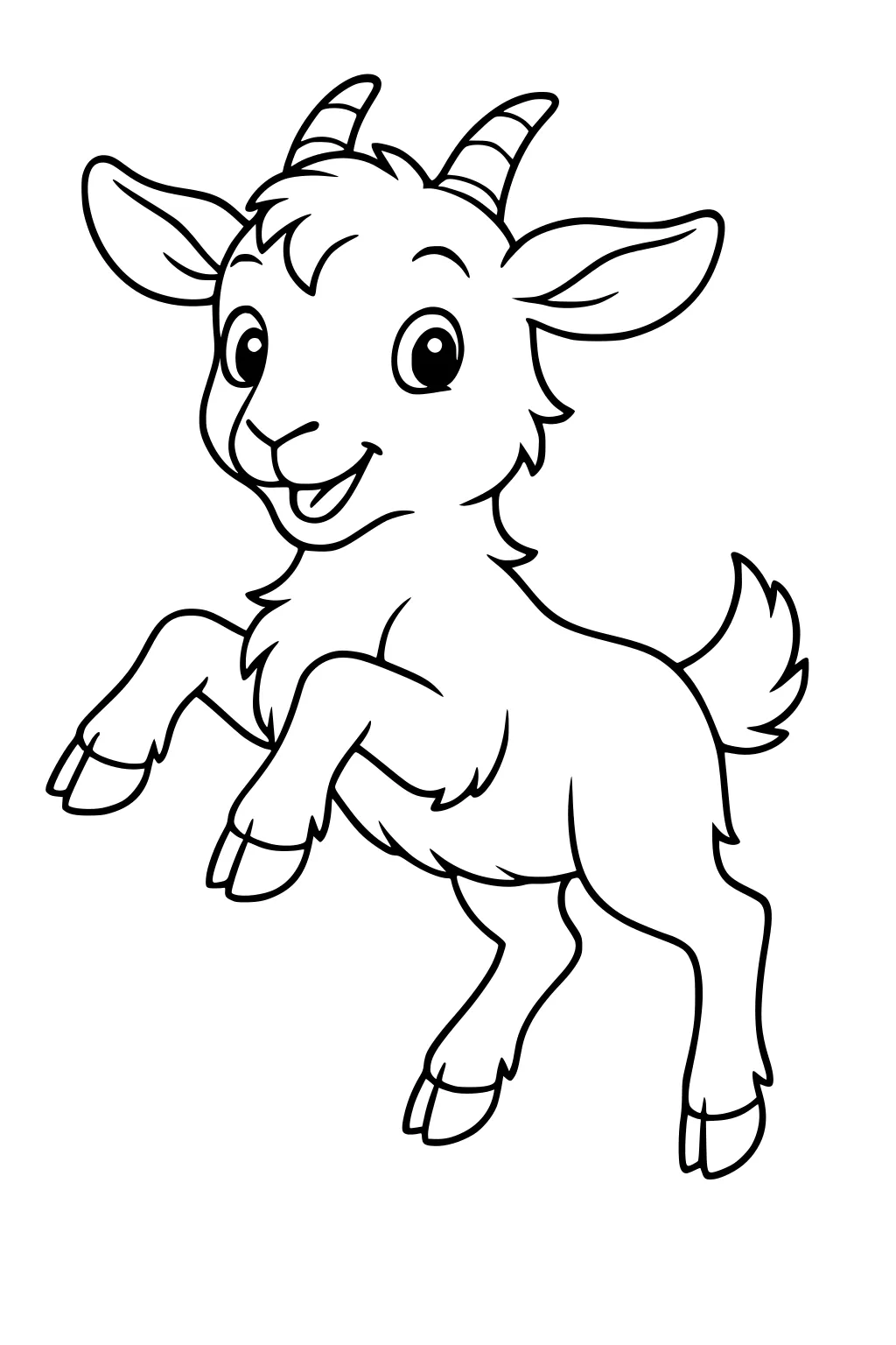 Outlined drawing of a smiling goat kid standing upright, with horns, fluffy fur, and large round eyes.