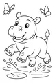 Free Hippopotamus Coloring Page - Playful Hippo Calf Jumping in Puddle (Printable PDF)