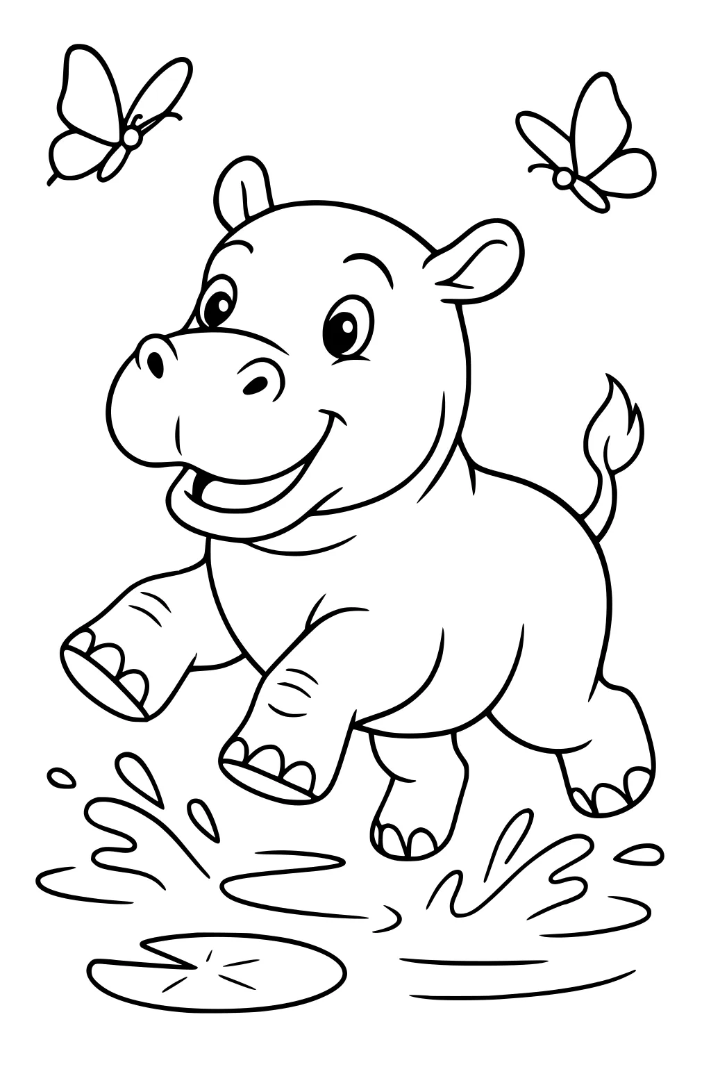 Smiling hippo calf splashes in puddle with two butterflies flying overhead and a lily pad nearby.