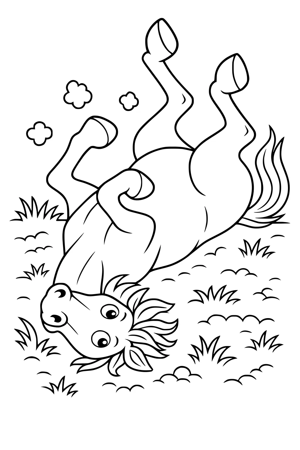 Cartoon horse rolling on its back in grass with all four legs up and clouds of dust around.