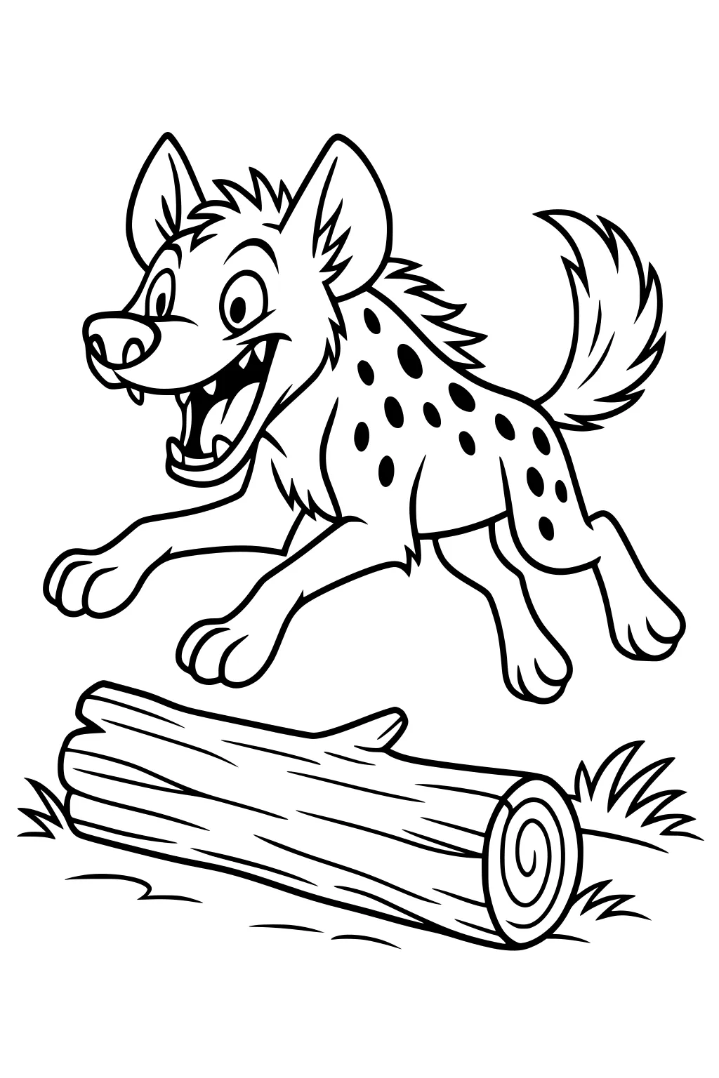 Cartoon spotted hyena leaping over a log with grass, wide mouth open, big eyes, bushy tail, and upright ears.