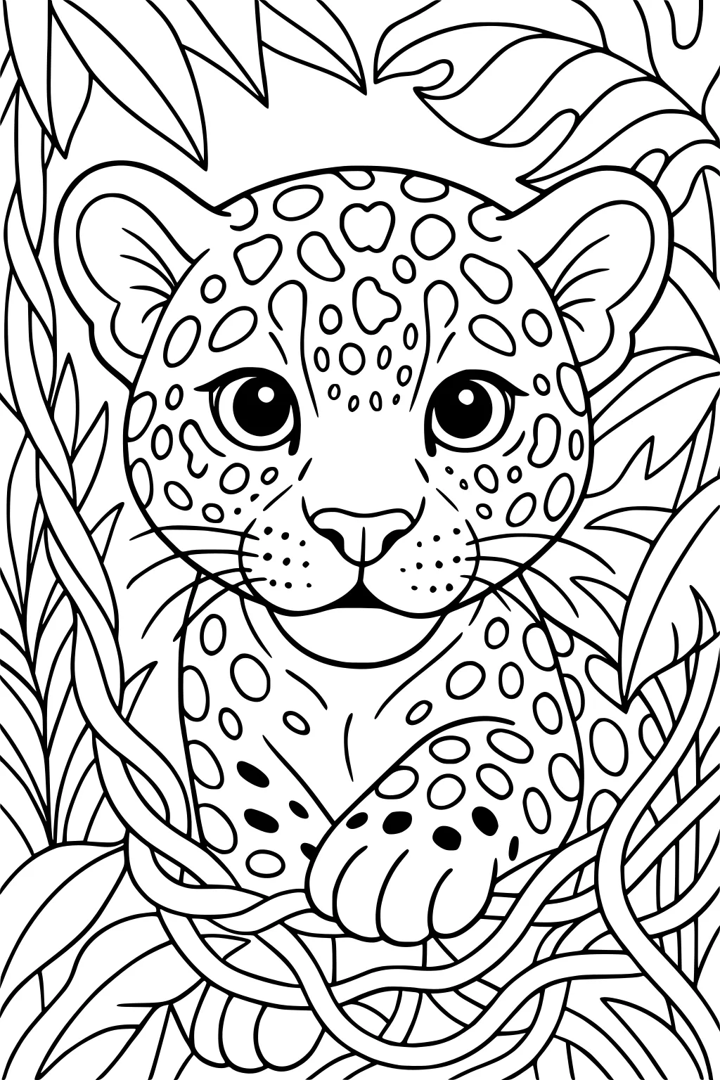 Baby jaguar with spots and big eyes lying among leafy jungle vines.