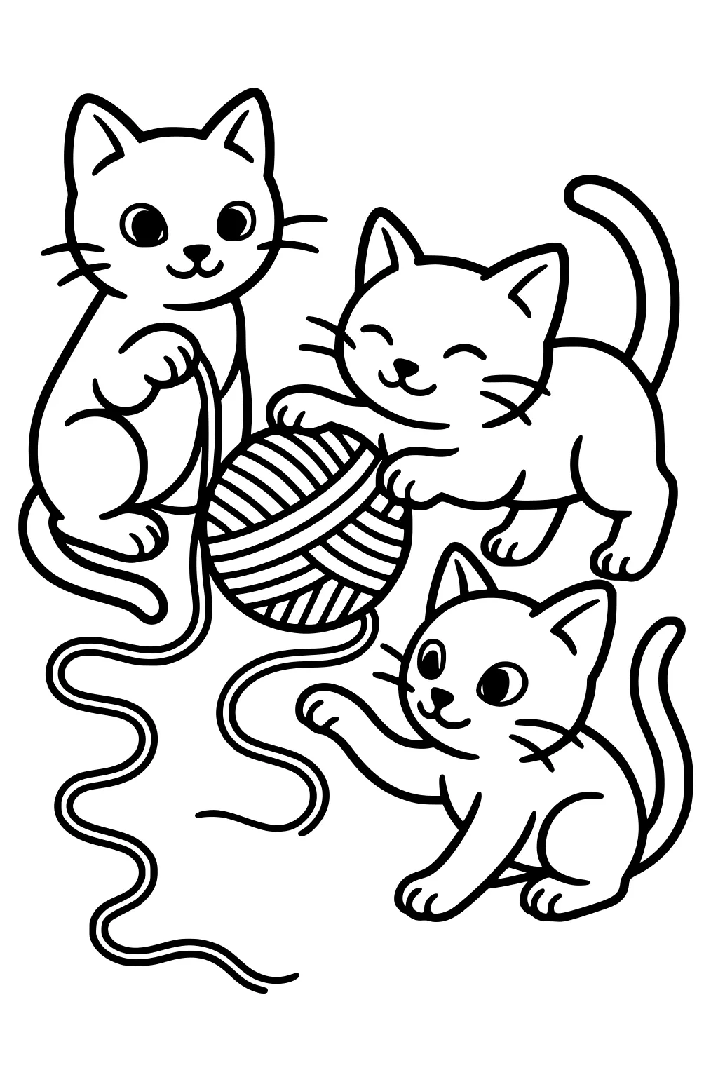 Three kittens play with a ball of yarn, chasing and pawing at the long pieces of string.