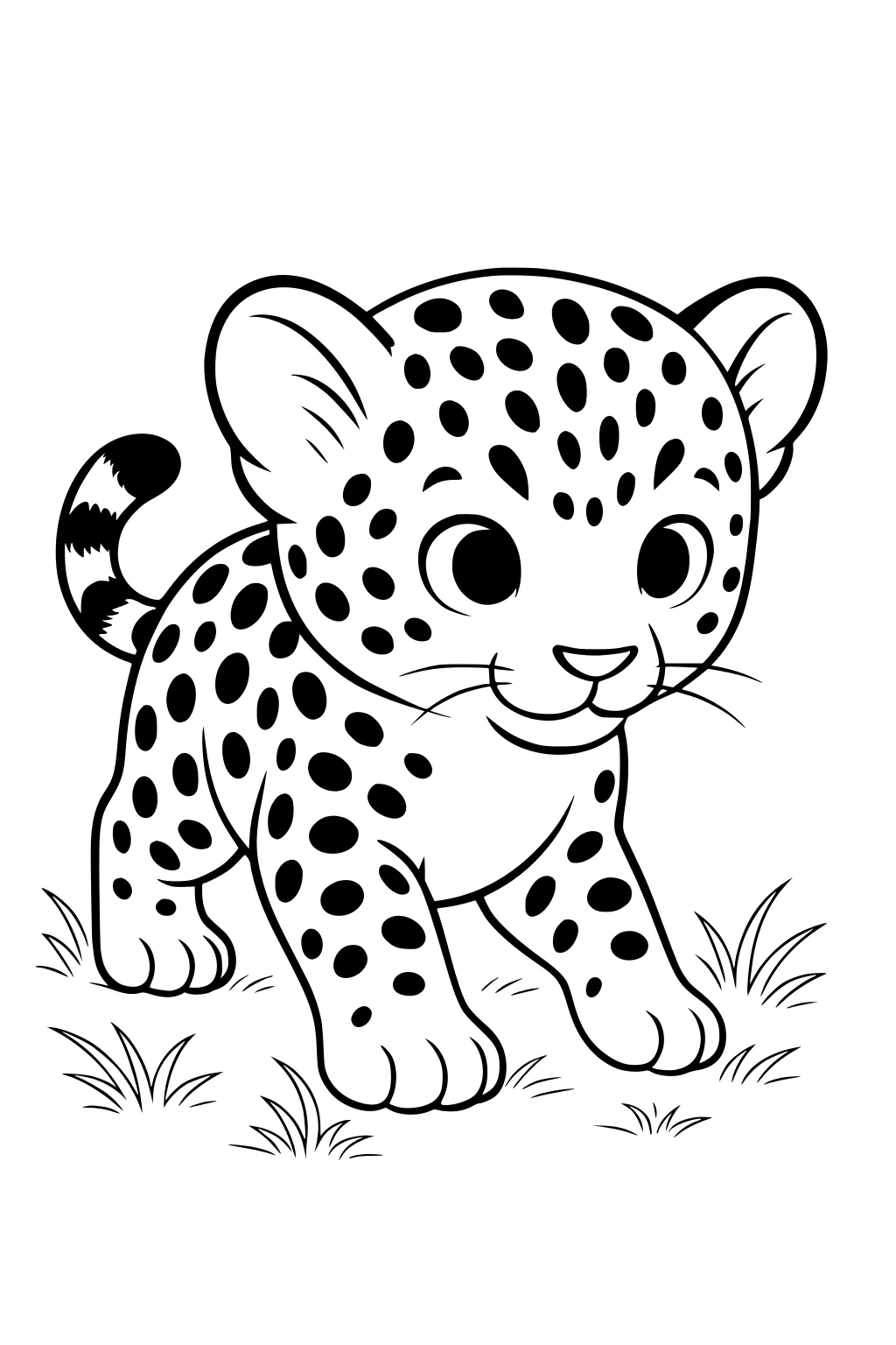 Leopard cub with big eyes and spots walks on grass with tail curled, ears perked forward, and a gentle smile.
