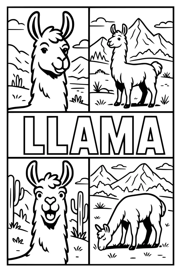 Free Llama Coloring Page - Cartoon Llamas in Mountain Desert Panels (Printable PDF)