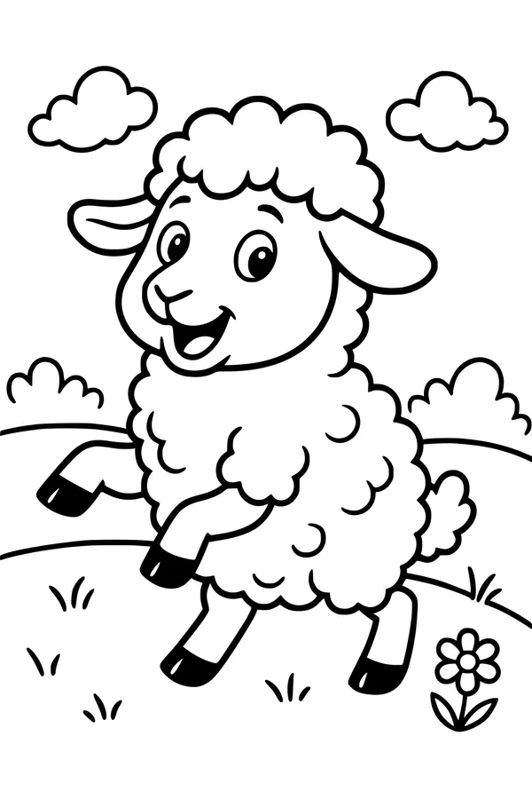 Free Lamb Coloring Page - Springy Lamb Bouncing in Meadow (Printable PDF)