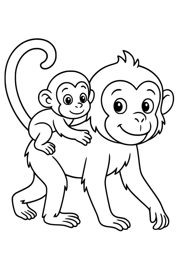 Free Monkey Coloring Page - Mother Carrying Baby Piggyback (Printable PDF)