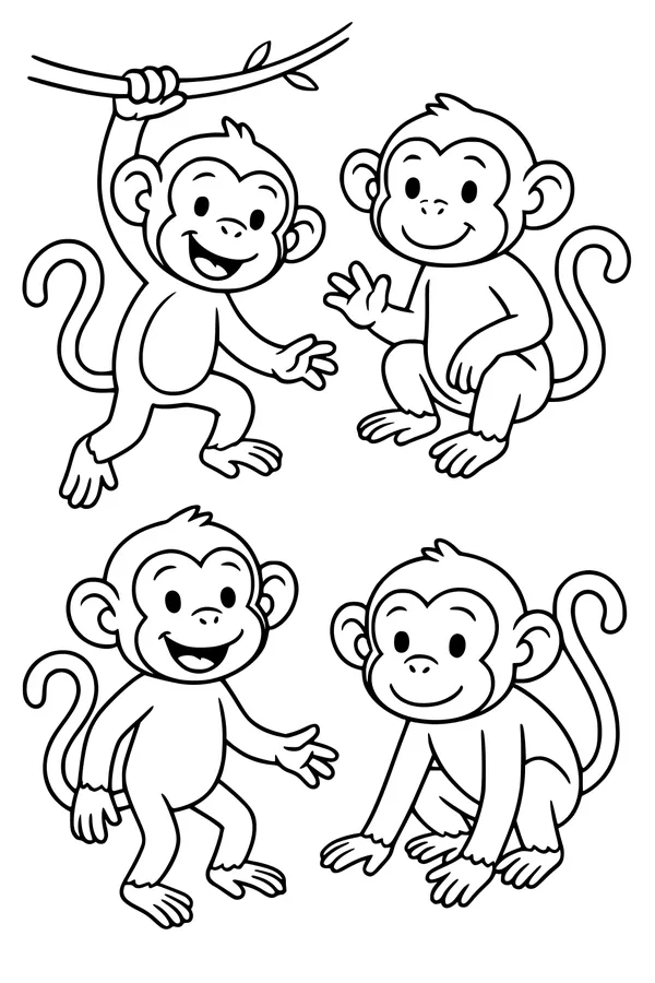 Free Monkey Coloring Page - Four Cartoon Monkey Pals Playing (Printable PDF)