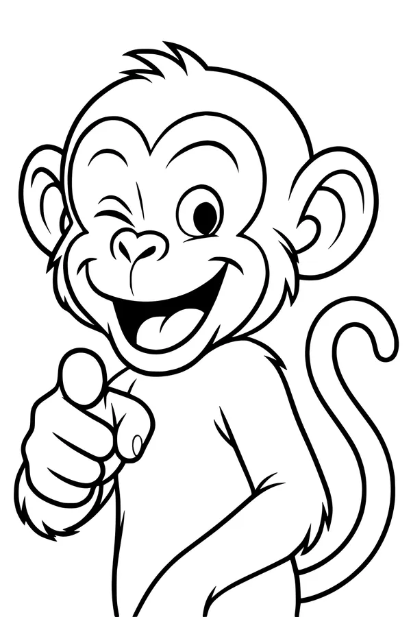 Free Monkey Coloring Page - Winking Cartoon Monkey Pointing (Printable PDF)