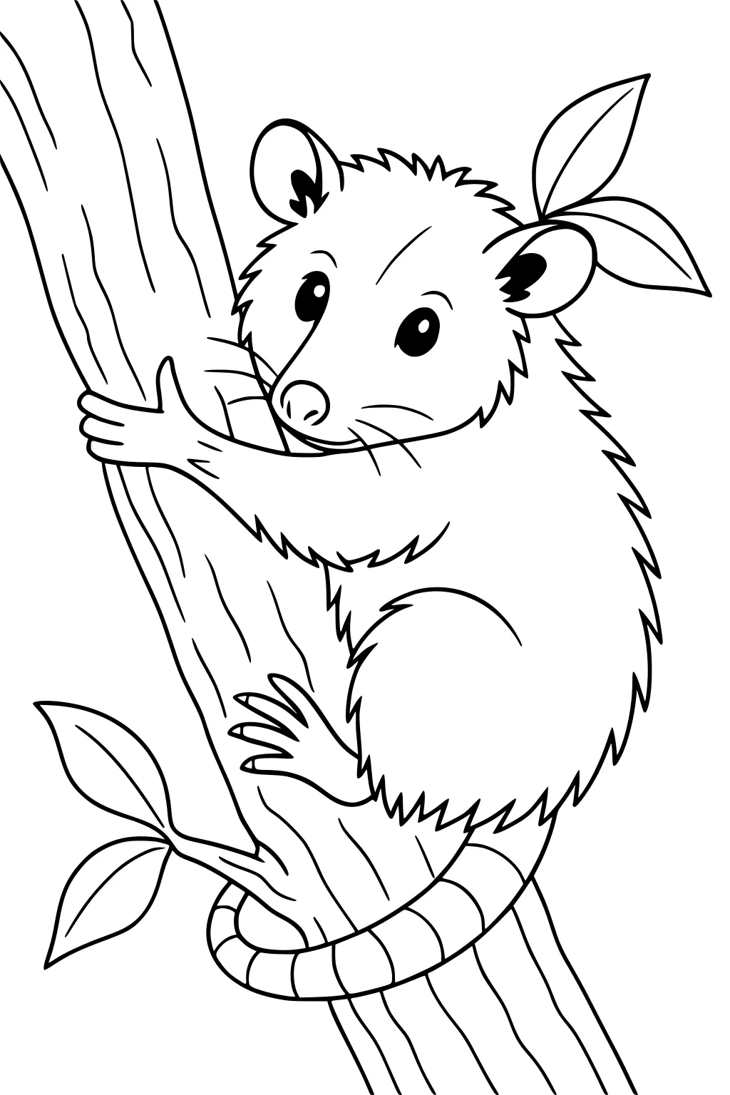 Opossum with a striped tail clinging to a tree trunk. Large leaves grow near the opossum's head and tail.