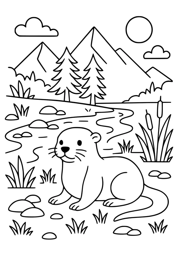 Free Otter Coloring Page - Playful Otter by a Sunny Riverbank (Printable PDF)