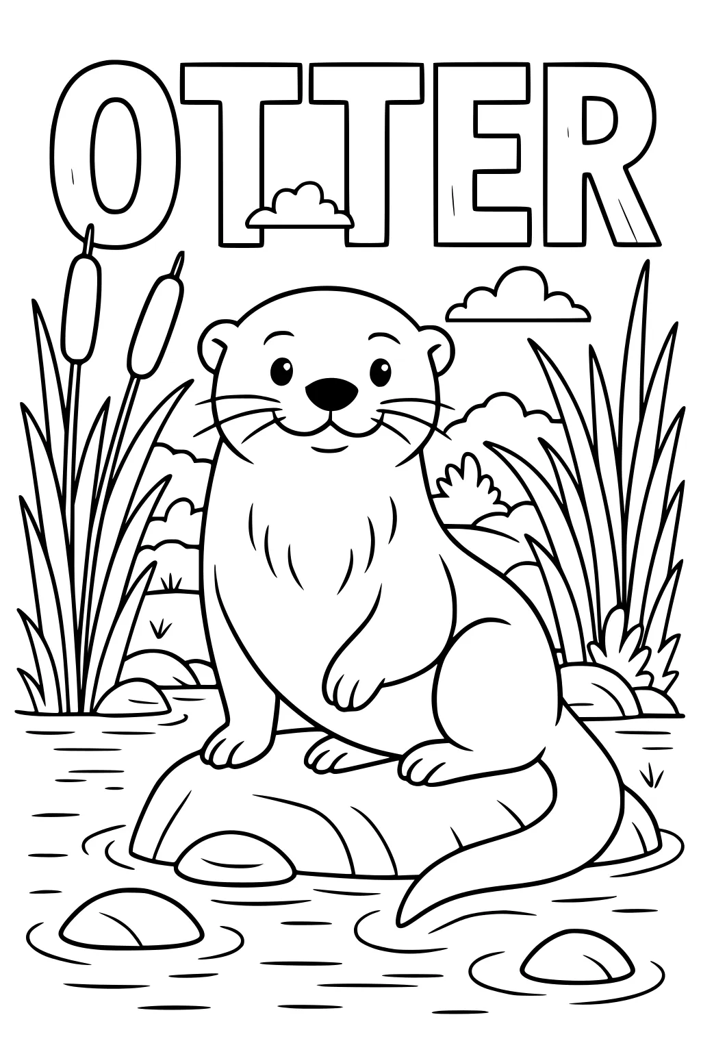 Cartoon otter sitting on a rock in a pond, with tall grass, cattails, and clouds in the background.