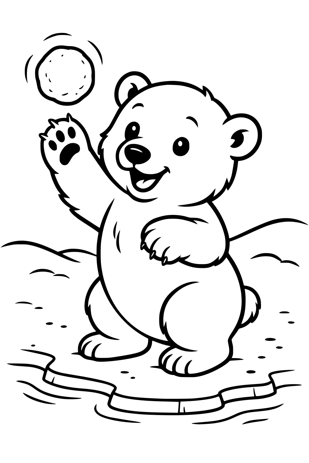 A cheerful polar bear cub raises one paw and tosses a snowball over cracked ice with snowy hills behind.