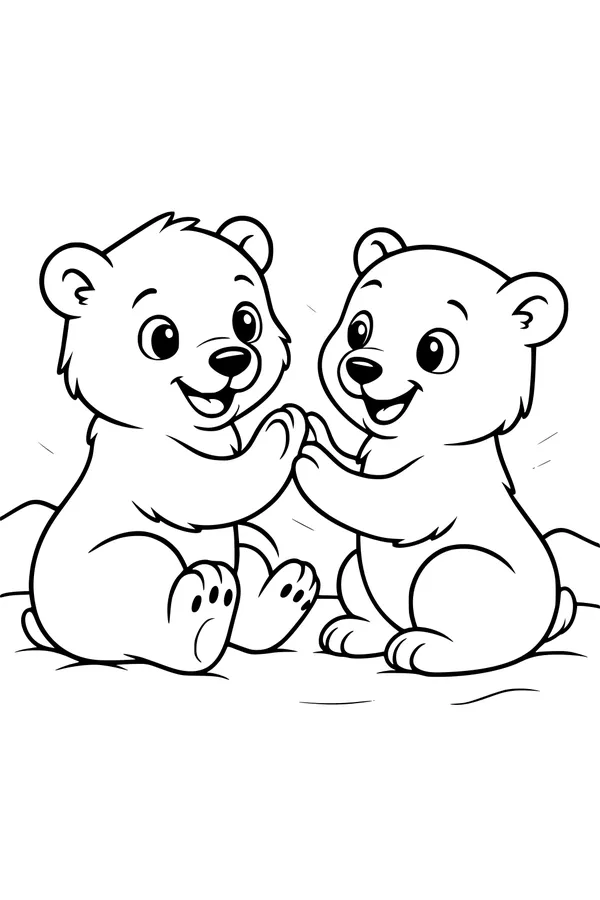 Free Polar Bear Coloring Page - Cute Cub Friends on Snowy Hill (Printable PDF)