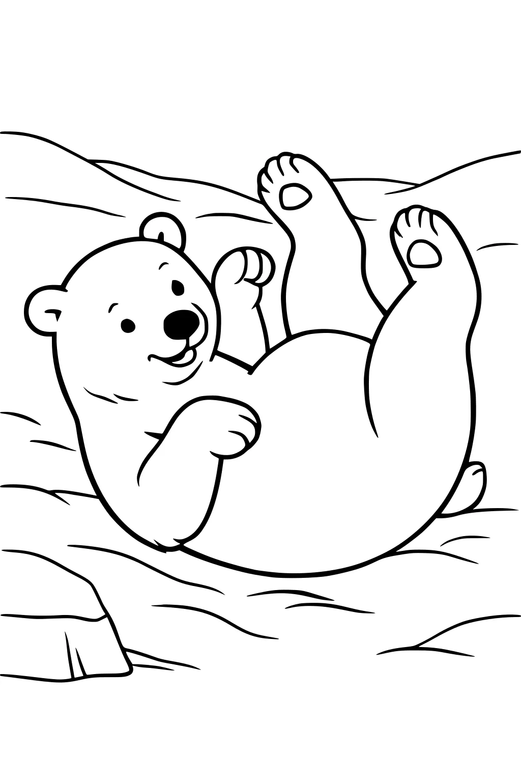 Polar bear cub on his back in snow, paws up, smiling, with snow hills behind him.