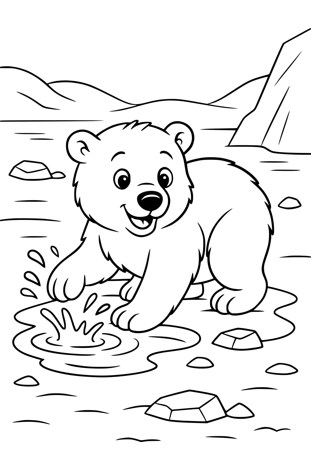 A cheerful polar bear cub splashes in a puddle, surrounded by small rocks with snowy mountains in the background.