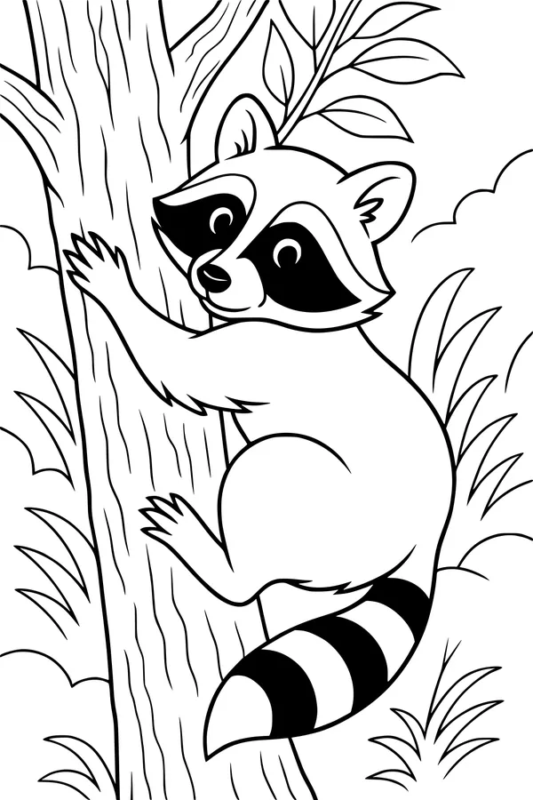 Free Raccoon Coloring Page - Cute Rocky Climbing a Forest Tree (Printable PDF)