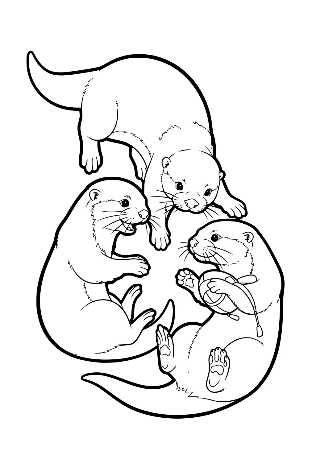 Three otters tumbling together, one holding a beach ball, all with expressive faces and curled bodies.