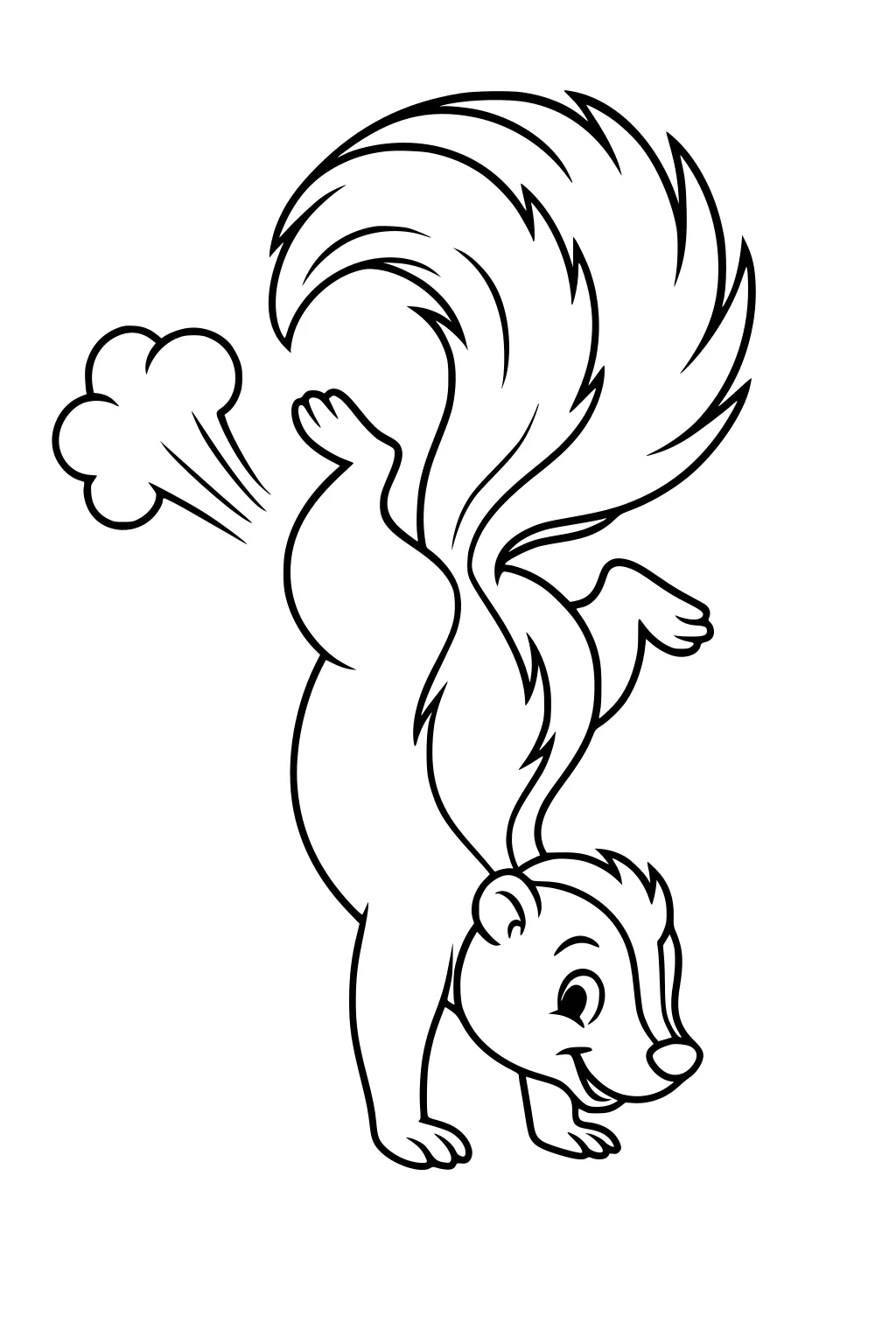 Cartoon skunk smiling, doing a handstand, with puffy tail up and a spray cloud coming out behind him.
